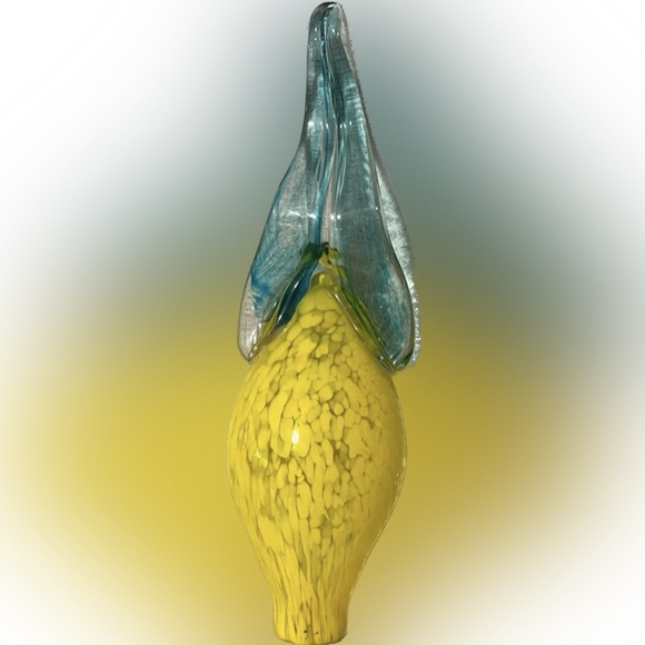 ❌❌❌Blown Glass Art - Yellow Bulb - Blue Leaf - 13” Tall - Handmade - Picture 4 of 9